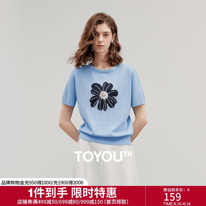 初语绿绒蒿提花针织衫女26夏季新款植物系撞色清新短袖小衫上衣 天蓝色 L