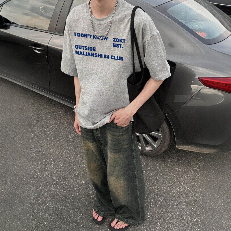 恋舒柔美式高街复古重磅纯棉短袖T恤男夏季宽松百搭潮牌痞帅风正肩半袖 浅灰色 3XL 145到160