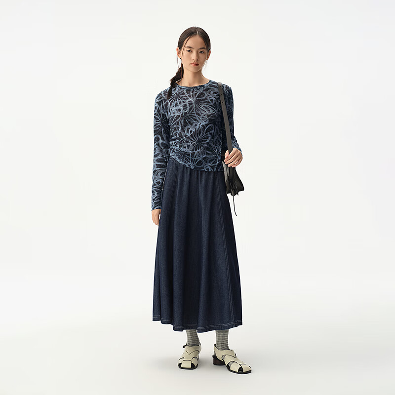 播商场同款轻盈雾纱印花长袖上衣女26秋新款女复古上衣BDT3YD3257 B34夜隐花 XL