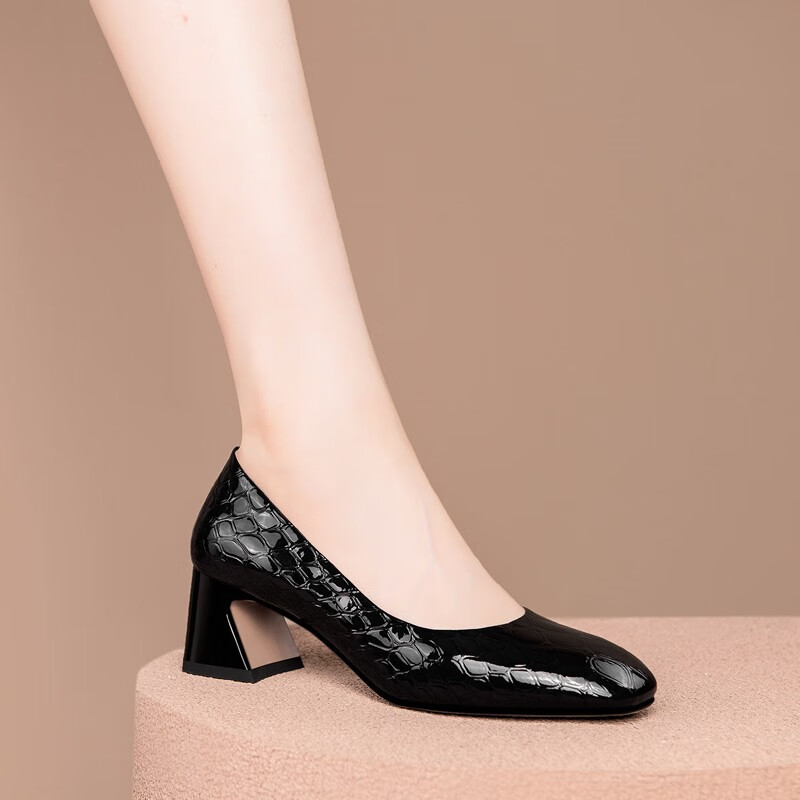 阿卡多中跟女单鞋方头粗跟浅口女士小皮鞋牛皮女鞋子职场简约工作鞋