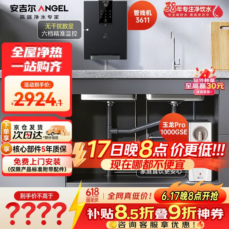 安吉尔净水器家用直饮净热套装【玉龙Pro1000GSE+管线机3611】厨下式反渗透过滤净水机J3673-ROC120 b型 