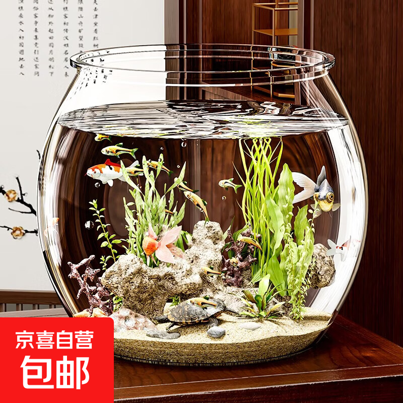 圆形鱼缸塑料一体成型高透仿玻璃防摔耐摔不坏客厅小型桌面生态缸 中号【肚径13cm】圆形生态鱼缸【久用不糊】