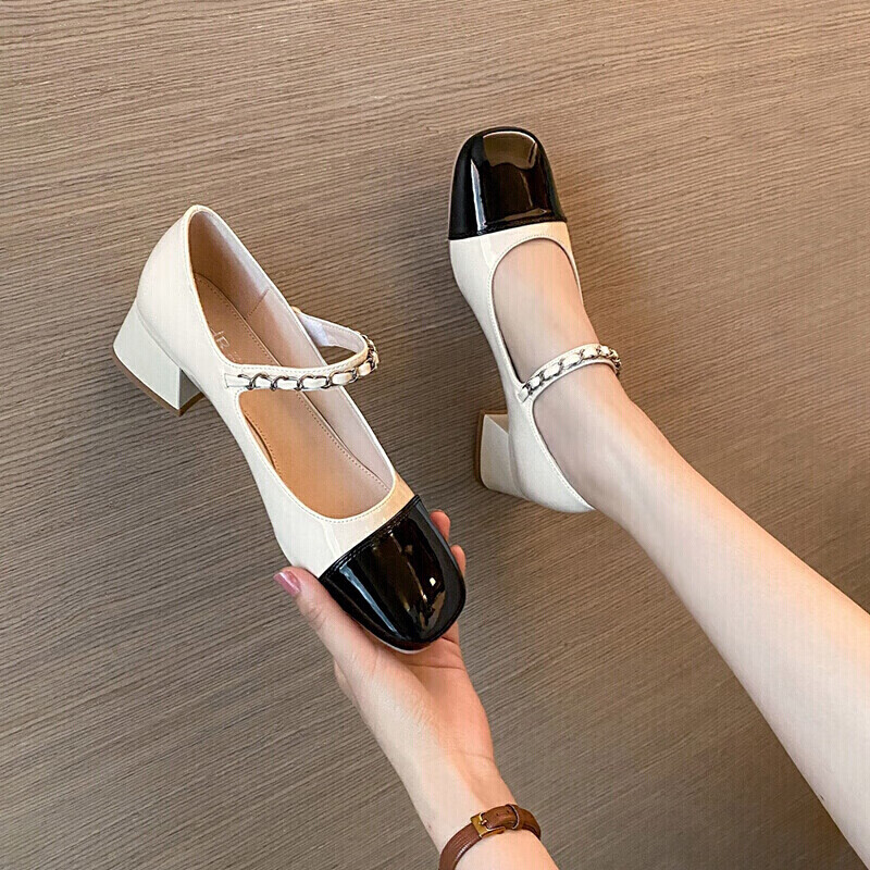 zhr单鞋女网红时尚休闲中跟浅口女士魔术贴百搭粗跟鞋珍珠玛丽珍鞋 aw