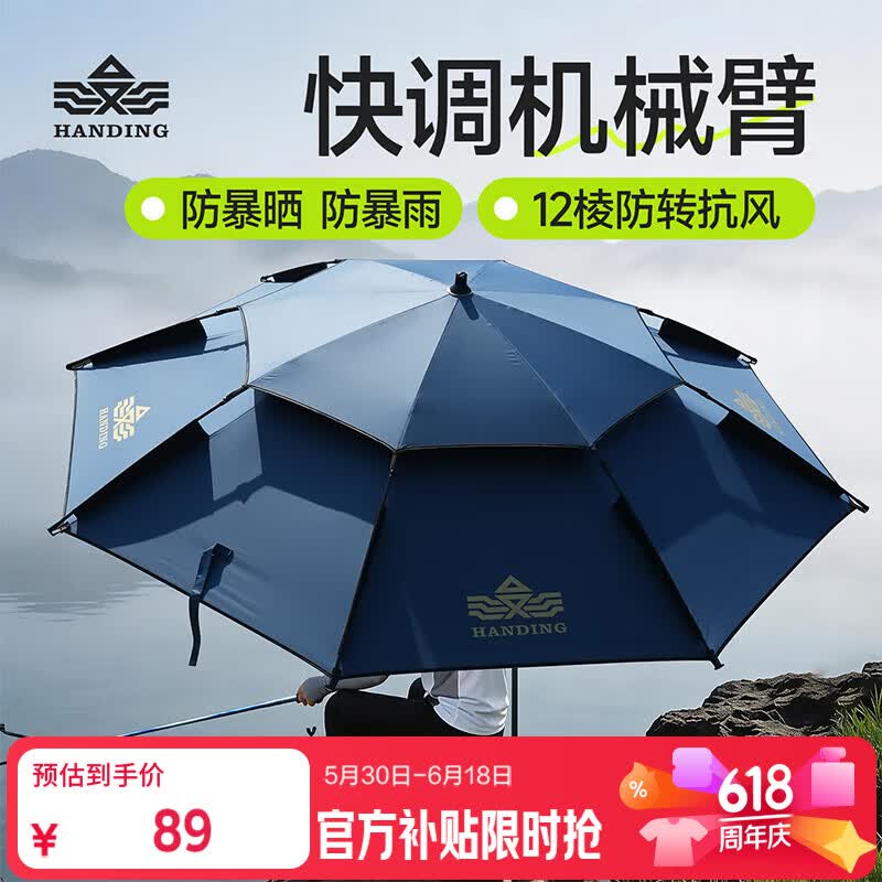汉鼎一号机械臂直杆拐杖伞螺纹钢扣架直杆弹簧钓伞湛蓝色2.2米2.4 2.2米 湛蓝色 扣架直杆弹簧（无机械臂）