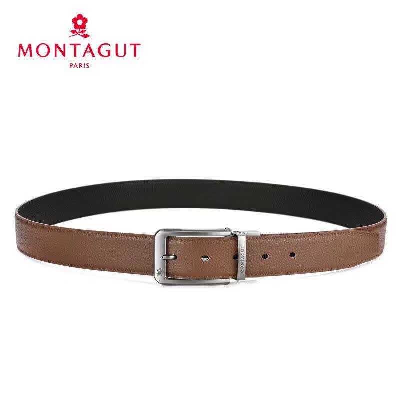 梦特娇(MONTAGUT)皮带男式新款可旋转针扣双面真皮腰带男头层牛皮青中年裤带 荔枝纹 前棕后黑 130cm