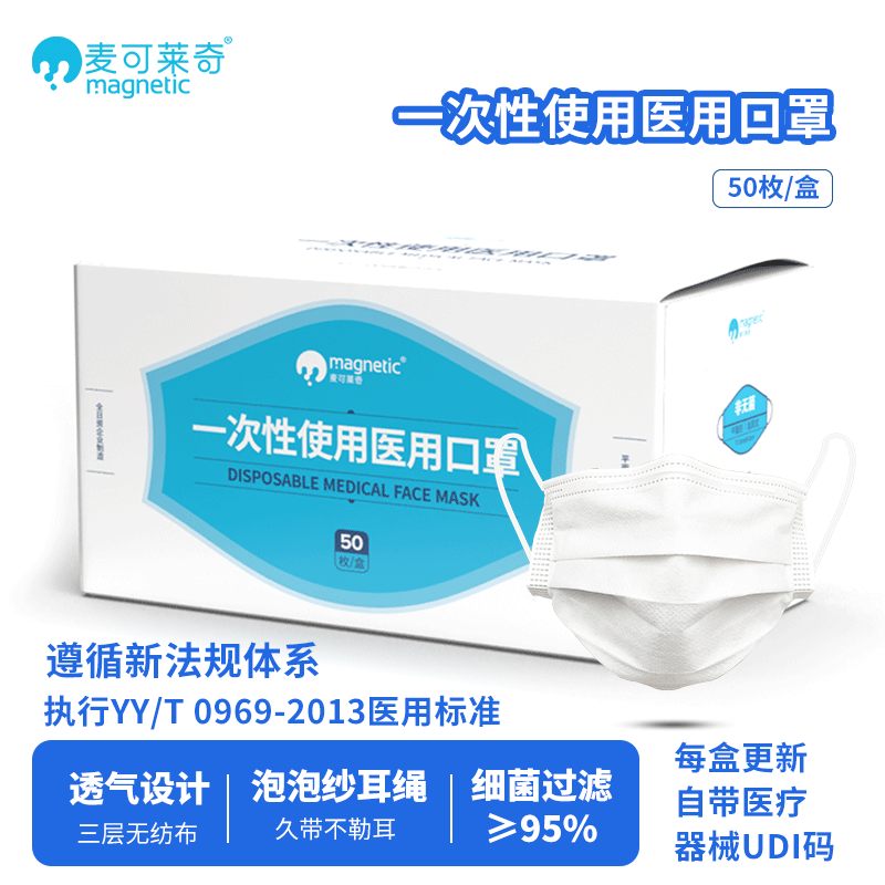 麦可莱奇一次性使用医用口罩三层过滤符合标准舒适亲肤泡泡纱耳绳符合国标 白色 50枚