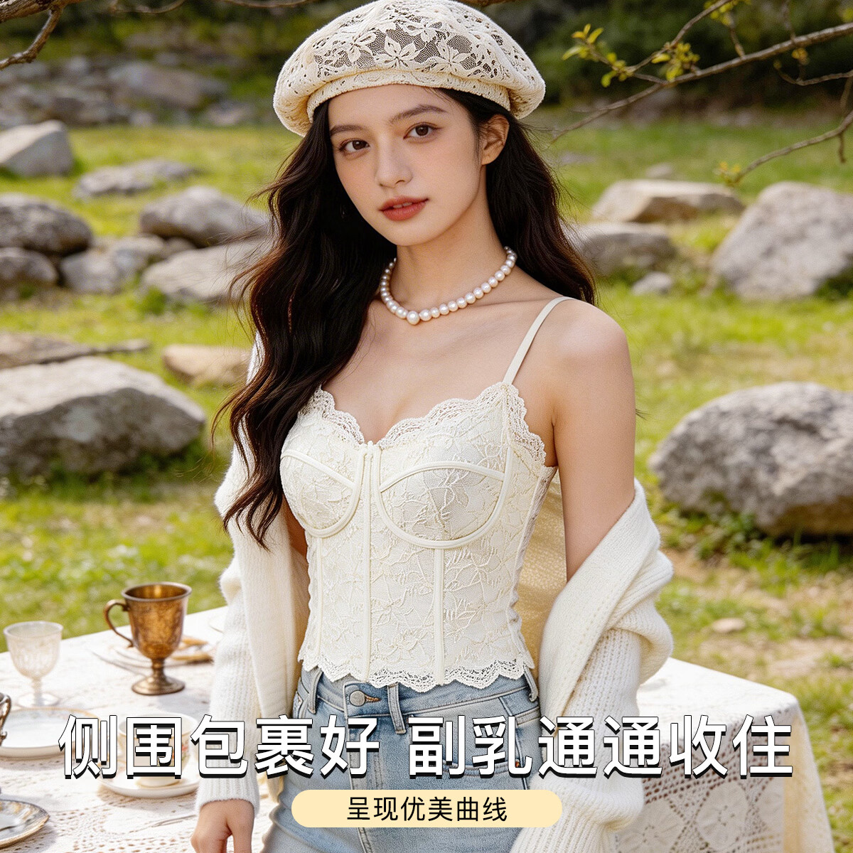 梦芭蒂女士吊带背心高级感内搭法式复古蕾丝纯欲轻奢免穿文胸打底上衣 白色 XL 推荐130-145斤