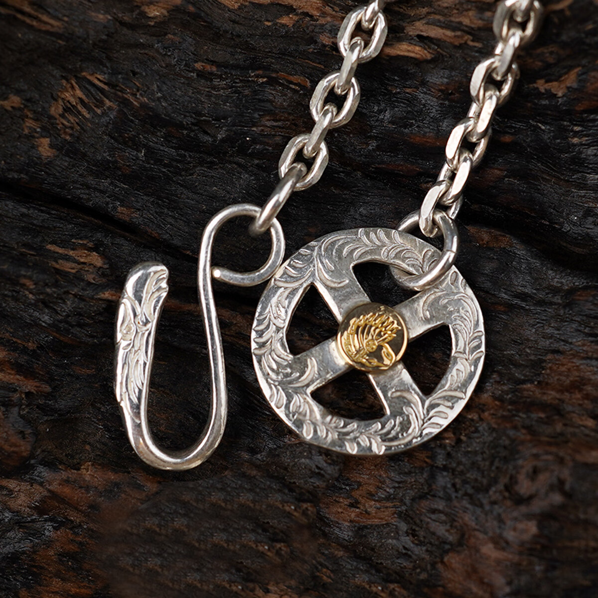 手工点金唐草纹日字十字轮鹰头钩925太角链首饰链子项 点金轮子 鹰头