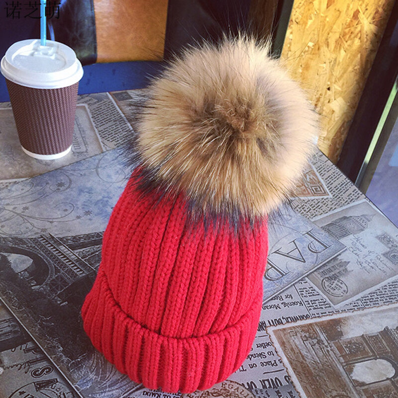 诺芝萌 真毛球毛线帽子 女士貉子毛毛球纯色毛线帽 针织加厚保暖针织帽 时尚套头帽包头帽ND870 大红色 均码