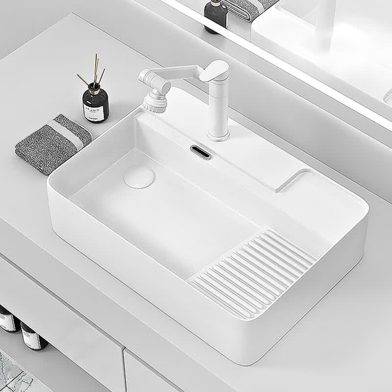 优莱可可阳台陶瓷洗衣盆带搓板台上盆洗衣池槽侧排左右侧下水洗手台盆