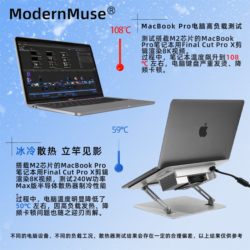 ModernMuse苹果MacBook iPad Surface 笔记本电脑大功率半导体制冷静音降温散热器支架 制冷120W功率 Pro版 【折叠支架款】