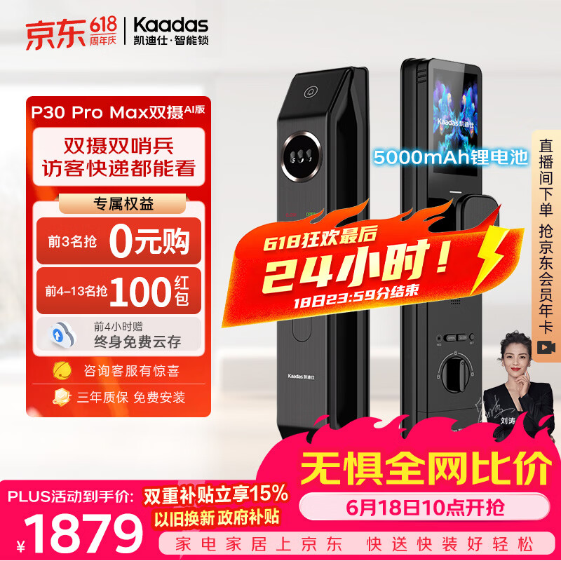 凯迪仕（KAADAS）【价保618】智能门锁密码锁人脸猫眼指纹智能锁P30ProMax双摄AI版