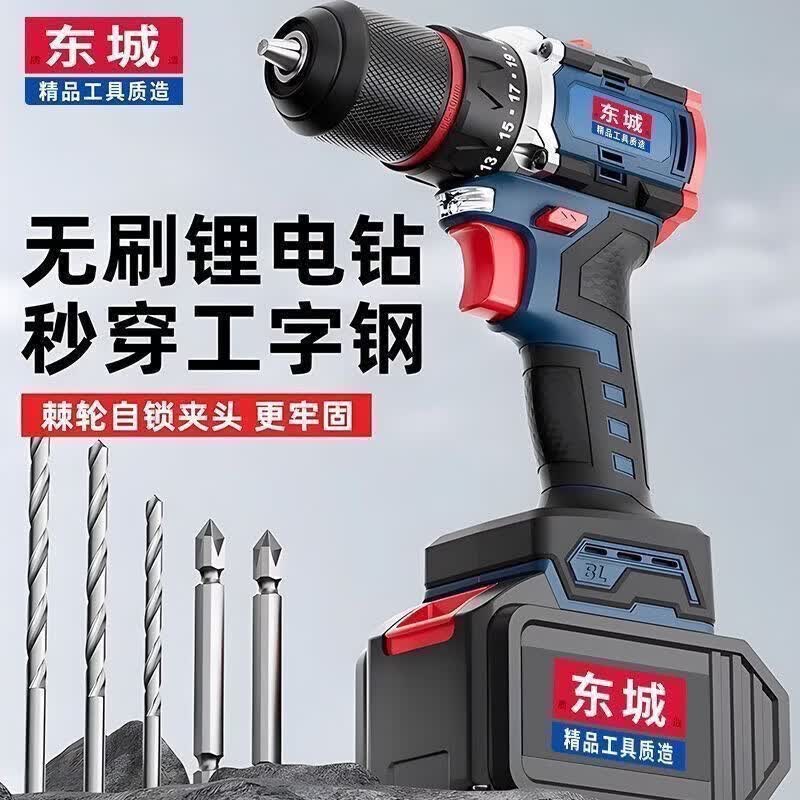 东城电钻冲击钻纯铜大功率锂电钻充电家用多功能冲击钻电动强力手枪钻 配普通电池 两电一充+礼包