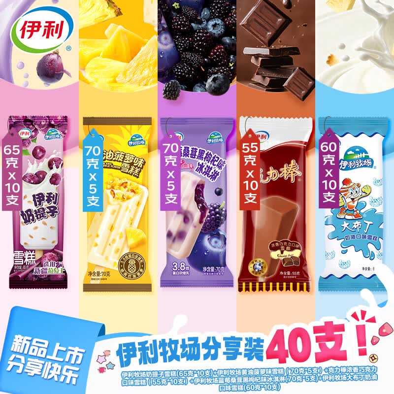 伊利奶提子+黄油蓝萝+克力棒+蓝莓桑葚+大布丁5口味冰淇淋40支2500g