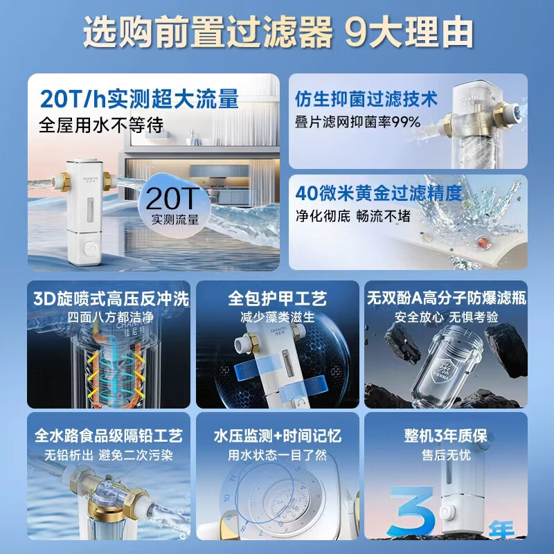 史密斯（A.O.SMITH）【2026重磅上新】佳尼特前置过滤器 家用前置净水过滤器自来水防冻防爆大白瓶 升级款CPF-T7PRO 20T/h超大流量  40微米黄金过滤精度 99.9%抑菌仿生叠片过滤