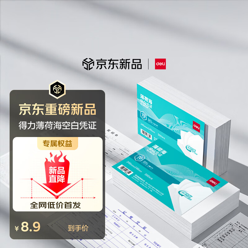 得力（deli）薄荷海空白凭证打印纸发票版240*140mm 适用金蝶用友财务软件 空白单据 500张/包 70g纸张BR126