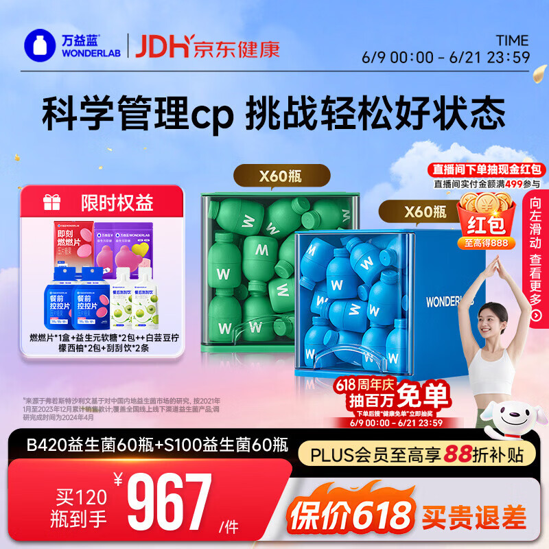 万益蓝WONDERLAB 早B420晚S100组合60瓶+60瓶 益生菌棕色脂肪男女