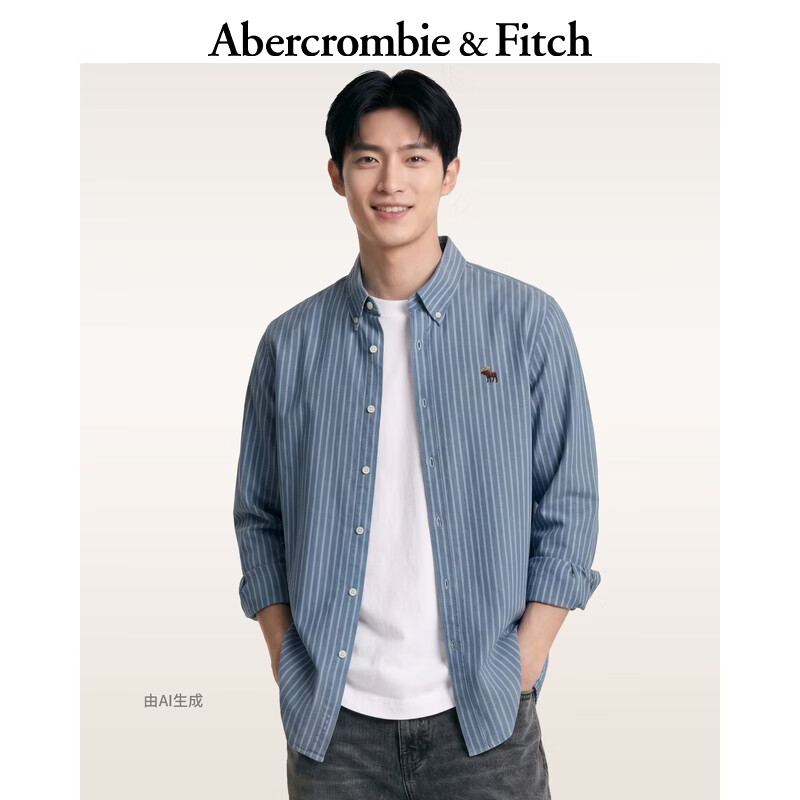 Abercrombie &amp; Fitch经典小麋鹿图案美式情侣府绸长袖衬衫26春夏男装女装125-6044 蓝色条纹 M (180/100A)