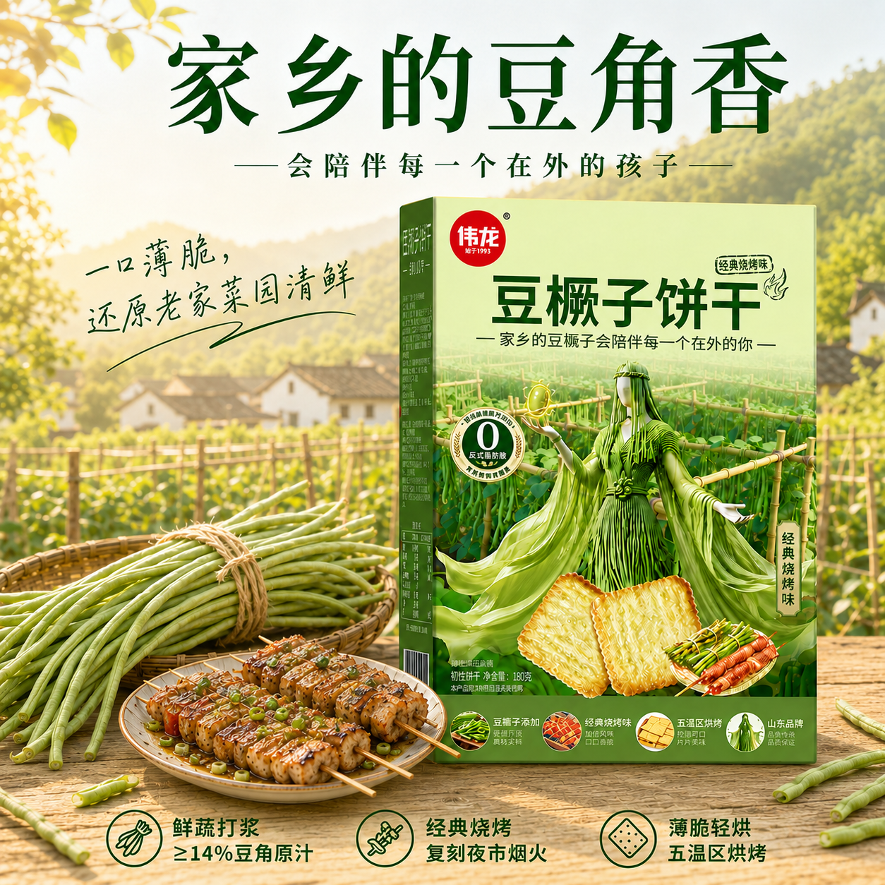 伟龙豆橛子饼干经典烧烤味休闲解馋网红蒜薹饼干小零食官方旗舰 豆橛子饼干180g+蒜薹饼干180g+爆葱鸡片108g+元素包