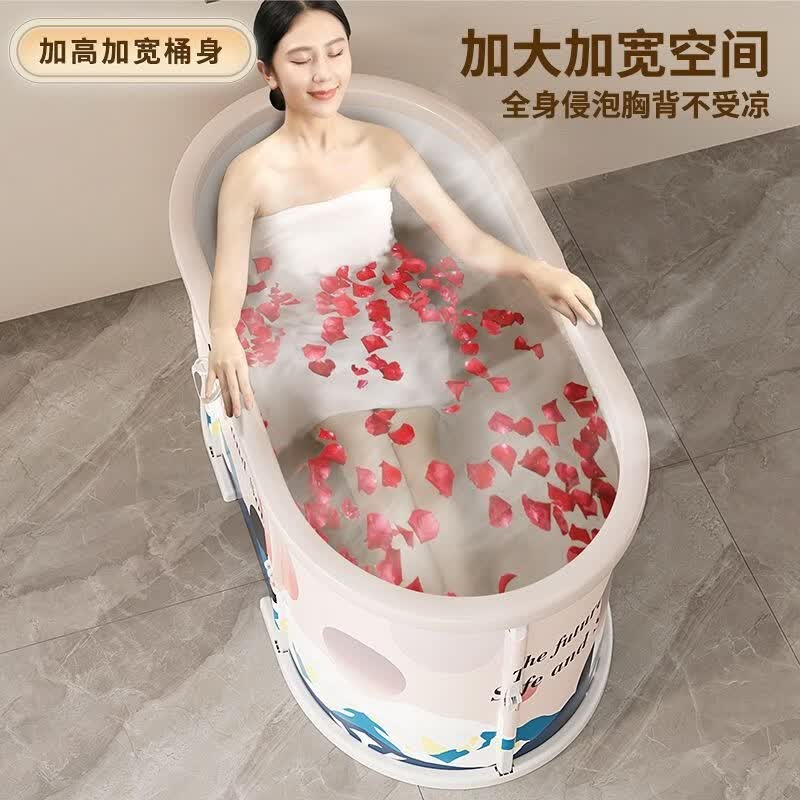 KDISV德国泡澡桶折叠大人家用加厚全身可坐自动加热恒温儿童浴盆洗澡桶 恒温加热【可躺】日出粉-7件套【大号】100cm