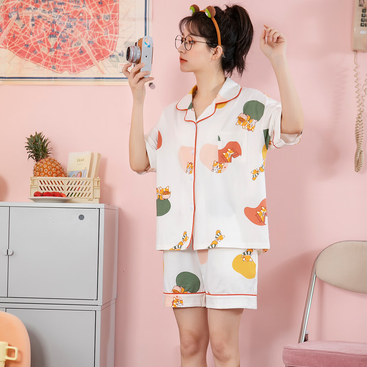 黛梦思纯棉睡衣女夏天薄款短袖居家服甜美可爱可外穿开衫超柔软 白色 XL -女款 （建议120-140斤）