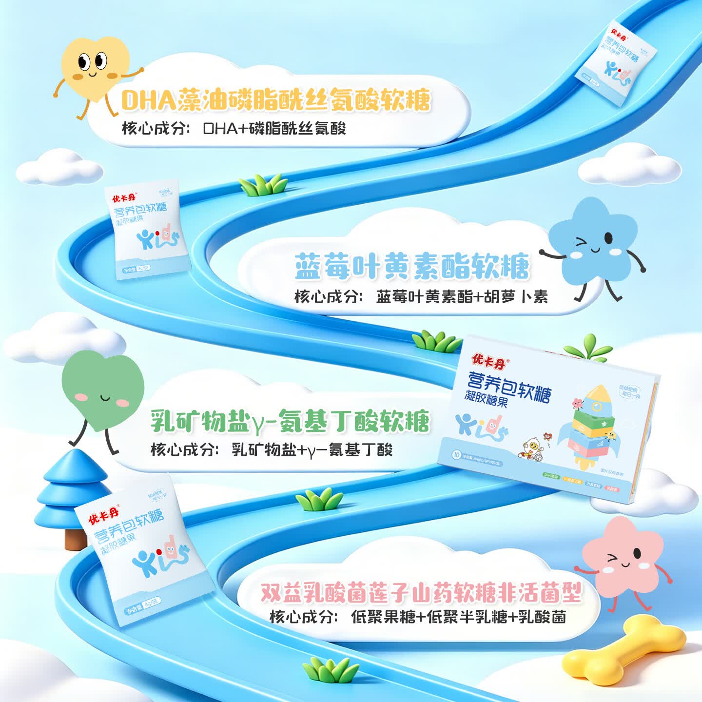 优卡丹γ-氨基丁酸dha叶黄素乳酸菌四合一营养包软糖儿童男女营养品补品 体验装10包*1盒丨不划算