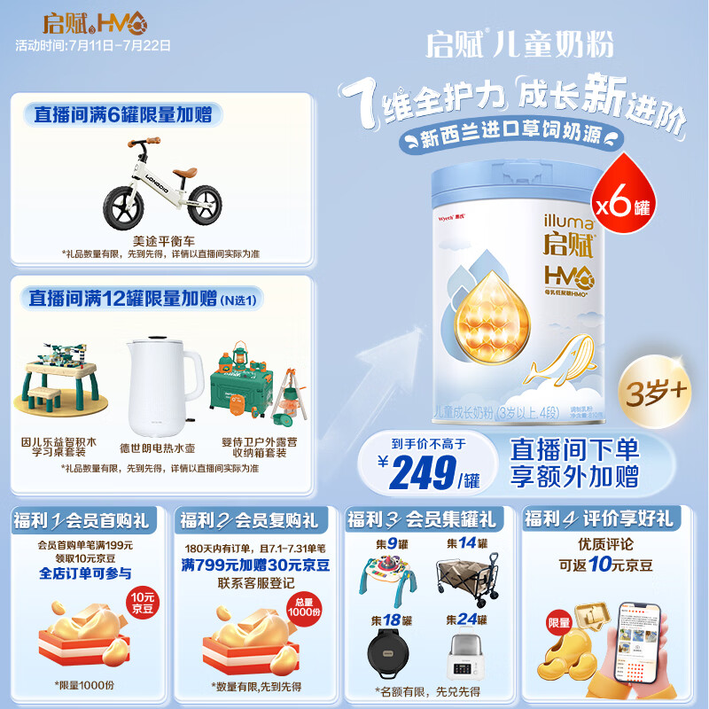 惠氏（Wyeth）【全新7维进阶】启赋蓝钻4段 HMO儿童成长奶粉810g*6罐