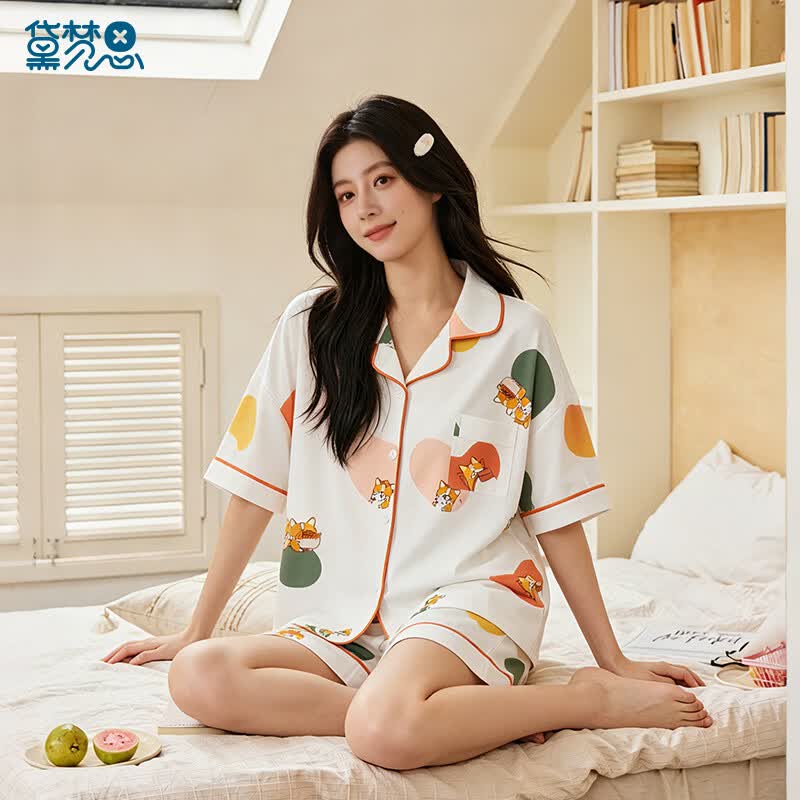 黛梦思纯棉睡衣女夏天薄款短袖居家服甜美可爱可外穿开衫超柔软 白色 XL -女款 （建议120-140斤）
