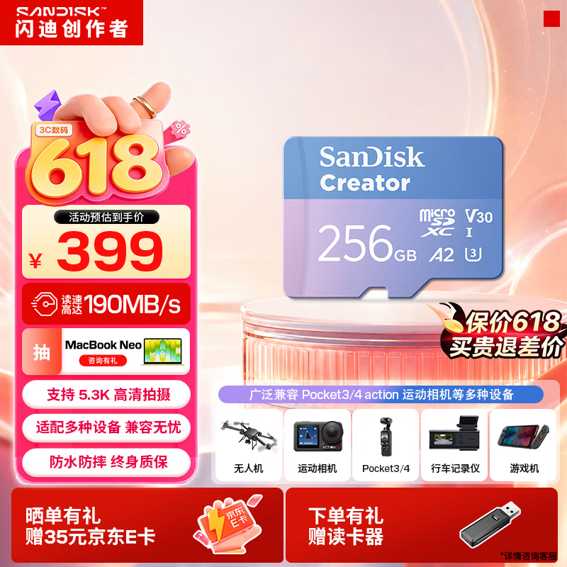 闪迪（SanDisk）创作者 闪迪内存卡TF卡 行车记录仪运动相机无人机监控存储卡 运动相机大疆pocket3 4内存卡 V30极速粉卡 256GB 官方标配