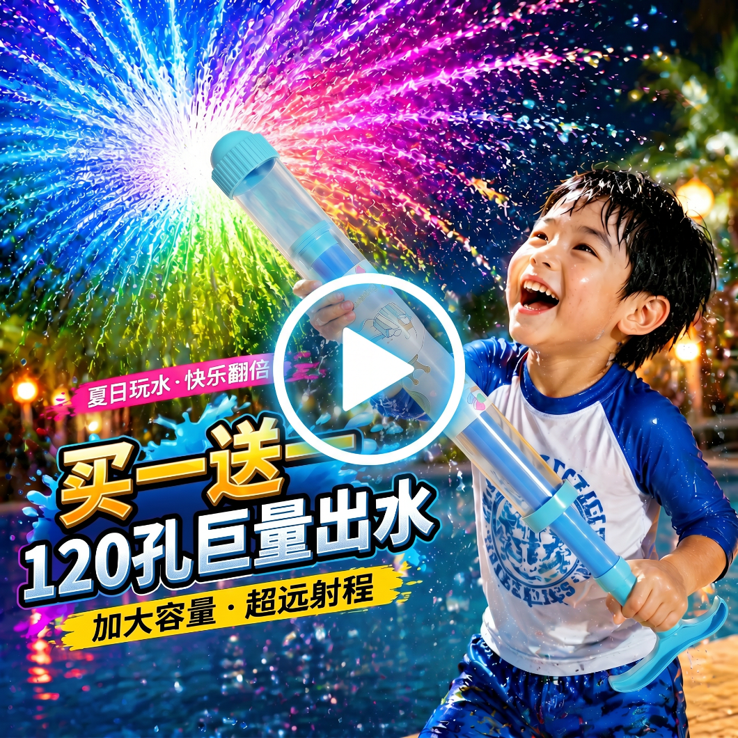 巧巧兔烟花水枪喷水玩具儿童1-3岁6-12沙滩戏水打水仗装备抽拉式呲水炮