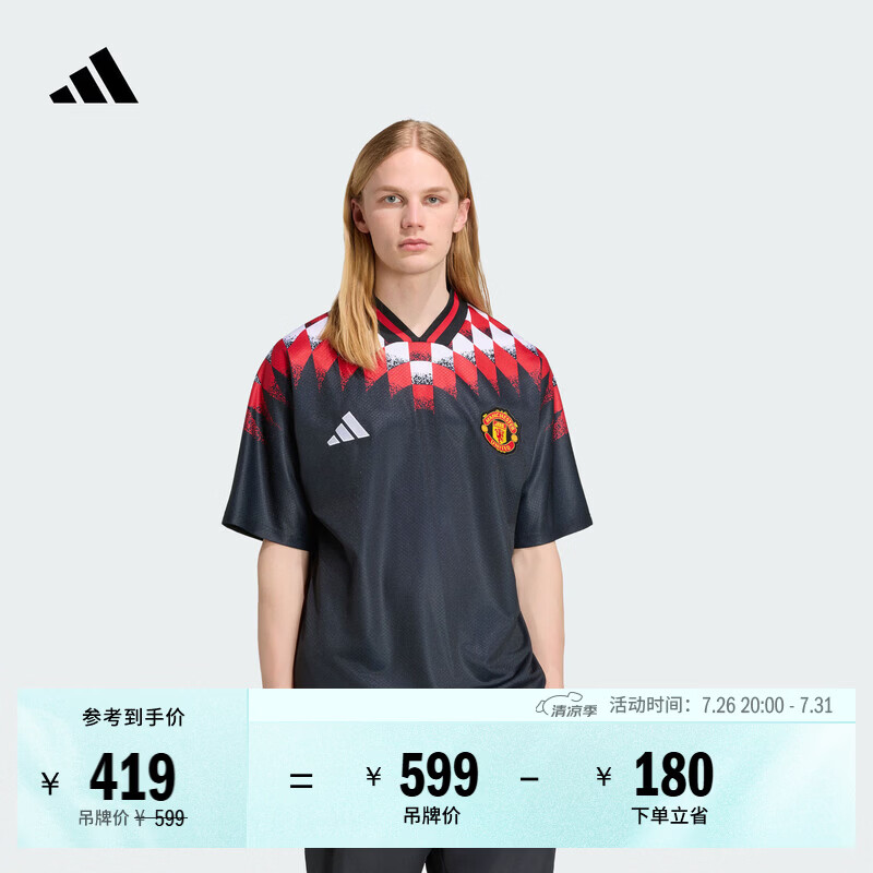 adidas曼联复古足球休闲文化撞色宽松V领短袖球衣男装阿迪达斯   黑色   L