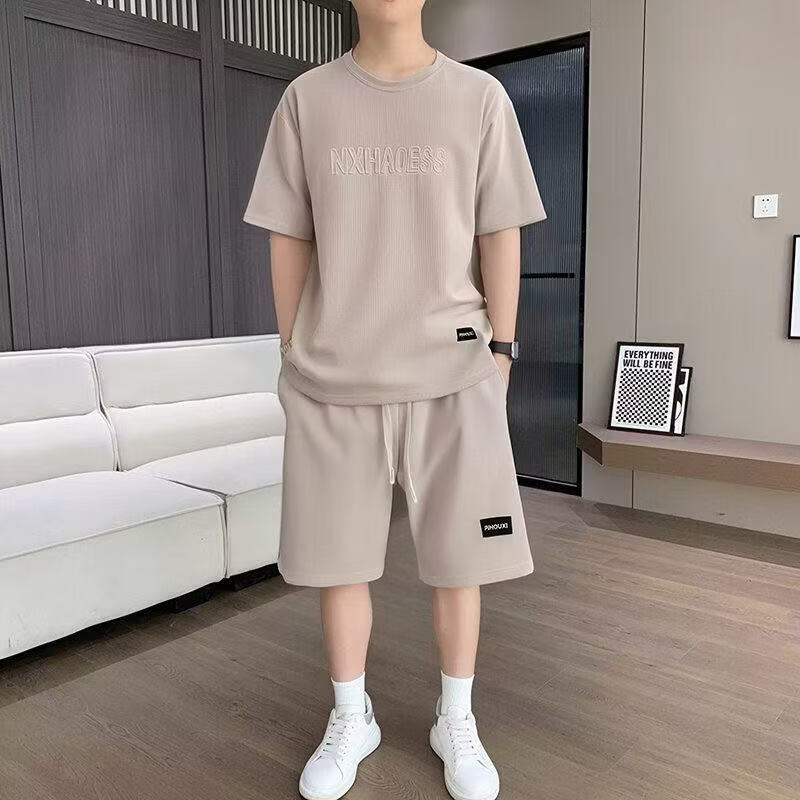 2026新款休闲运动套装男士夏季短裤短袖潮流速干帅气搭配两件套 【套装】卡其色 3XL （建议180-200斤）
