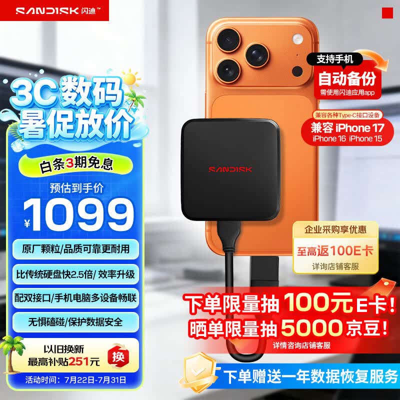 闪迪（SanDisk）ELE 2TB 移动固态硬盘（PSSD）新元素 type-c接口 小巧便携手机直连笔记本电脑两用外接 办公存储