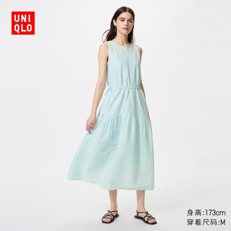 优衣库棉麻层叠连衣裙/无袖女装裙子26春夏新款482788 60 浅蓝色 S