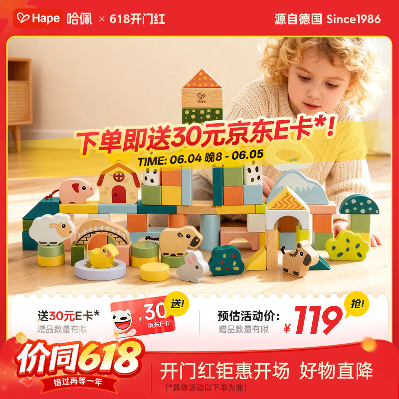 Hape宝宝木质玩具大颗粒云朵农场感官启蒙积木桶男女孩生日礼物E7550