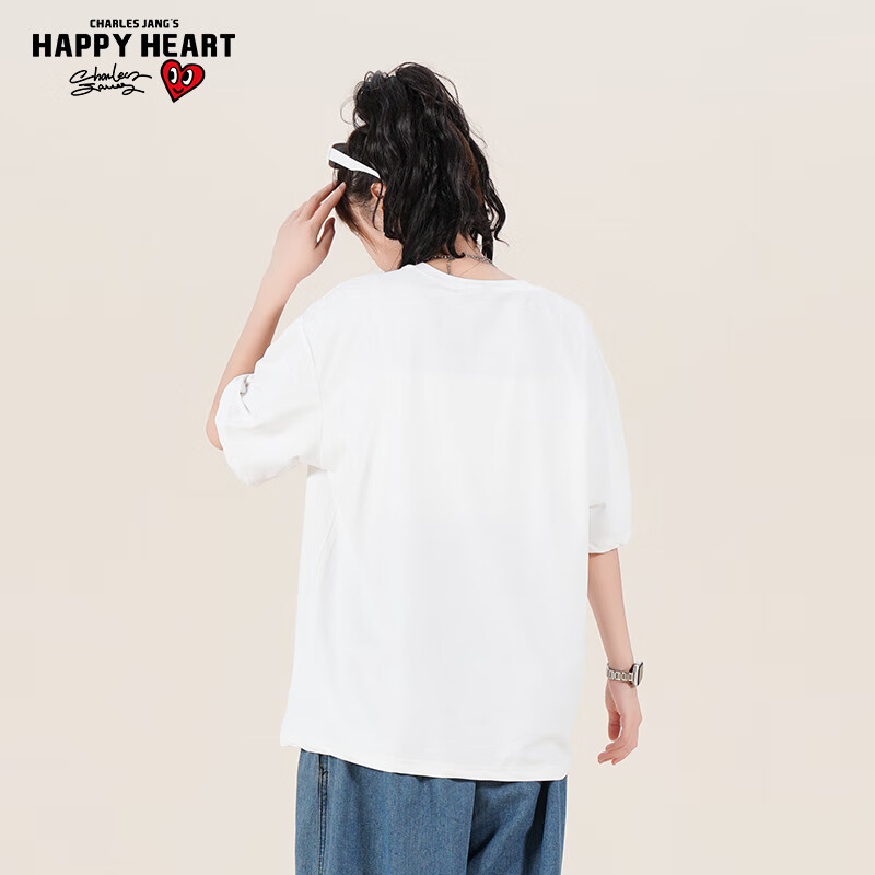 查尔斯桃心夏季宽松简约美式休闲情侣薄款潮流透气百搭短袖T恤男女同款 本白 XL