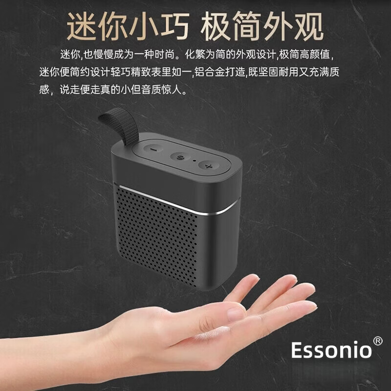 ESSONIO品牌5.3蓝牙音箱小巧便携式重低音炮IPX7防水可运动户外可家用插卡迷你型户外小音响 黑色【迷你便携+IPX7防水】