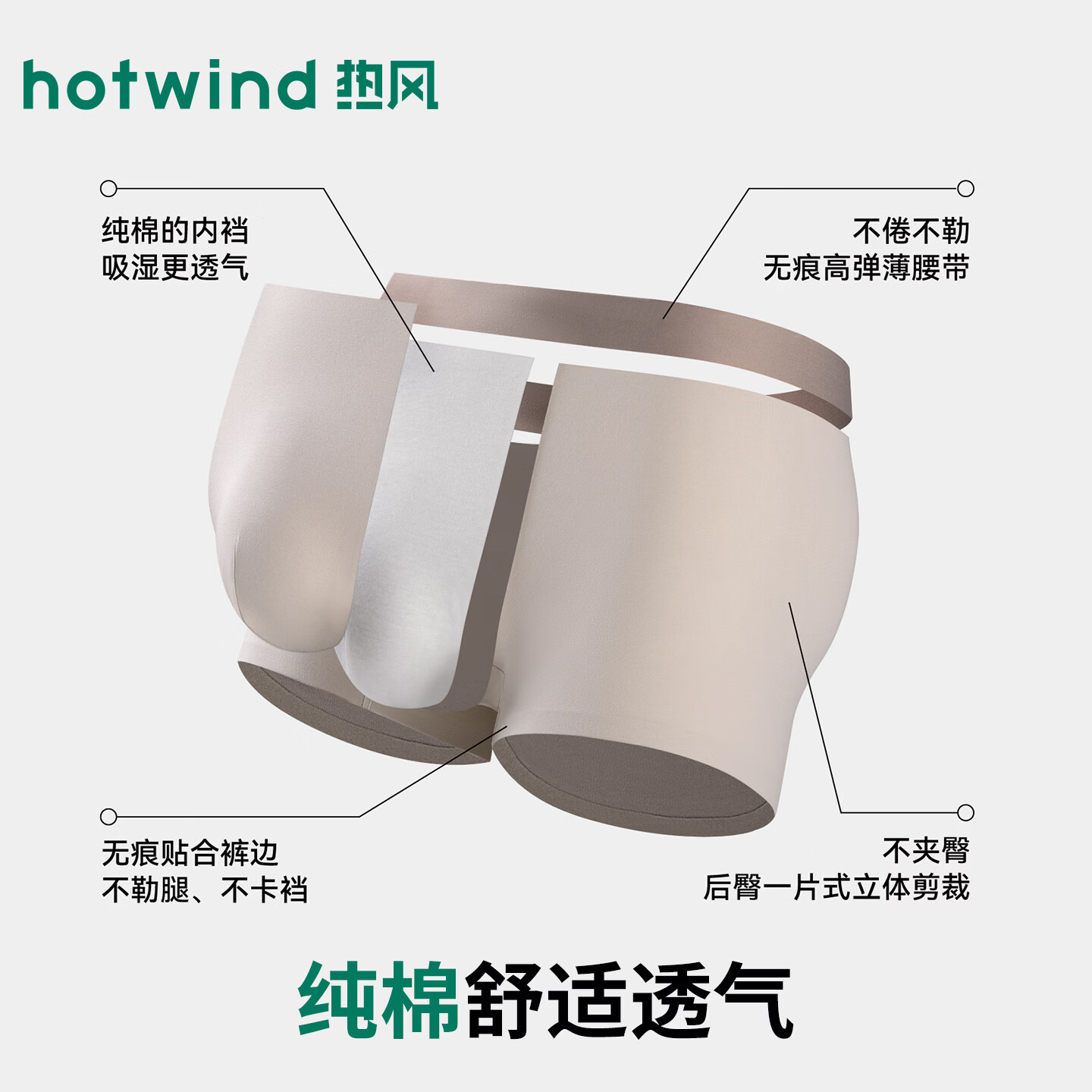 热风(Hotwind)男士内裤A类纯棉10A抑菌全棉内裆夏季薄款透气新疆棉男式款四角裤 【新疆棉】 卡其+浅绿+中灰 3条 XL 【120-140斤】