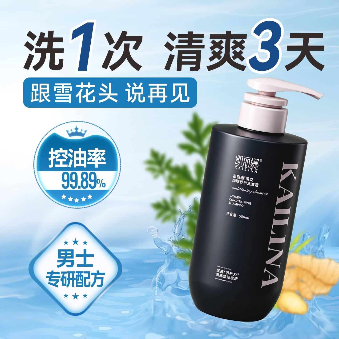 凯丽娜男洗头膏去屑止痒控油柔顺洗发露液姜艾洗发水品牌正品官方旗舰店 姜艾洗发露（1瓶）