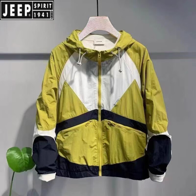 JEEP SPIRIT2026新款男士宽松夹克款防晒衣拼色连帽休闲夏季户外拼接薄外套男 黄色 XL 建议130-145斤