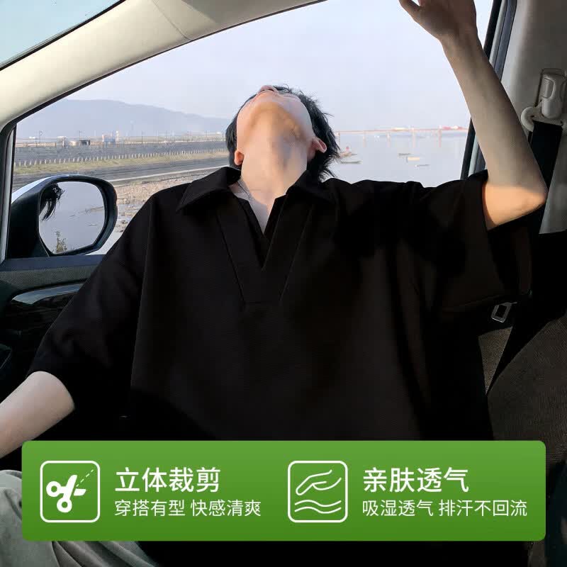以纯(YISHion)美式假两件设计感V领短袖POLO衫男款夏季复古宽松休闲男生半袖T恤 DT6241-杏色【夏季升级】 薄款 5XL 205-230斤