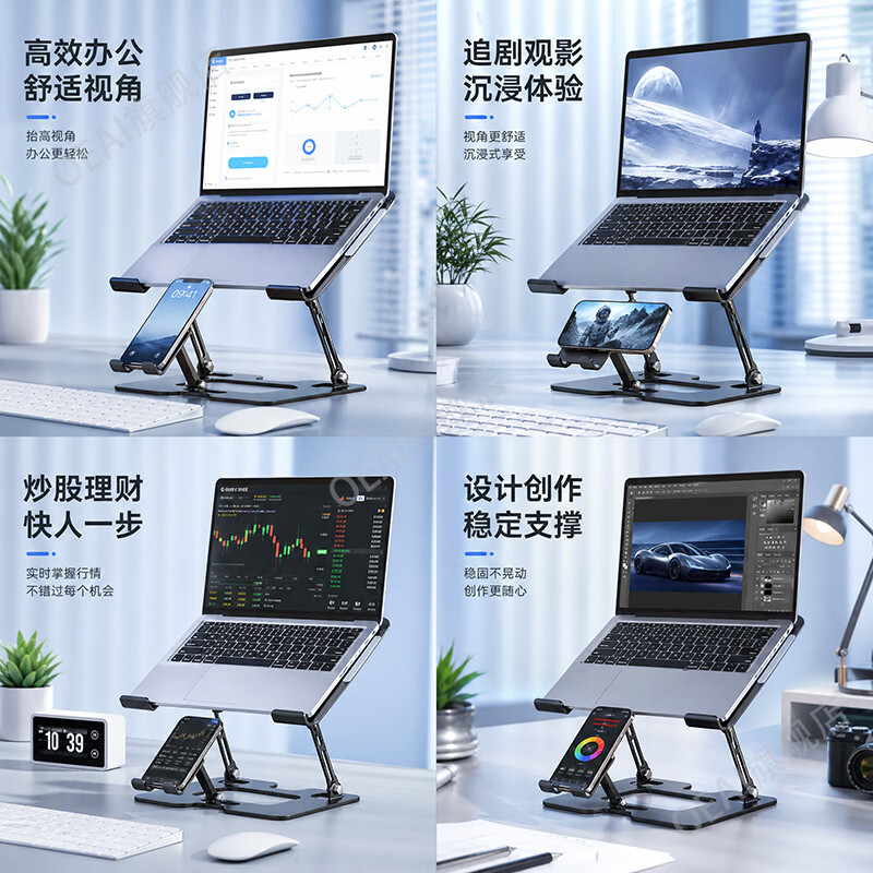 OEAI笔记本支架散热多功能带风扇静音增高风冷降温适用于华为苹果mac联想华硕电脑手机二合一支撑架 银色-(半导体制冷款-笔记本手机二合一支)