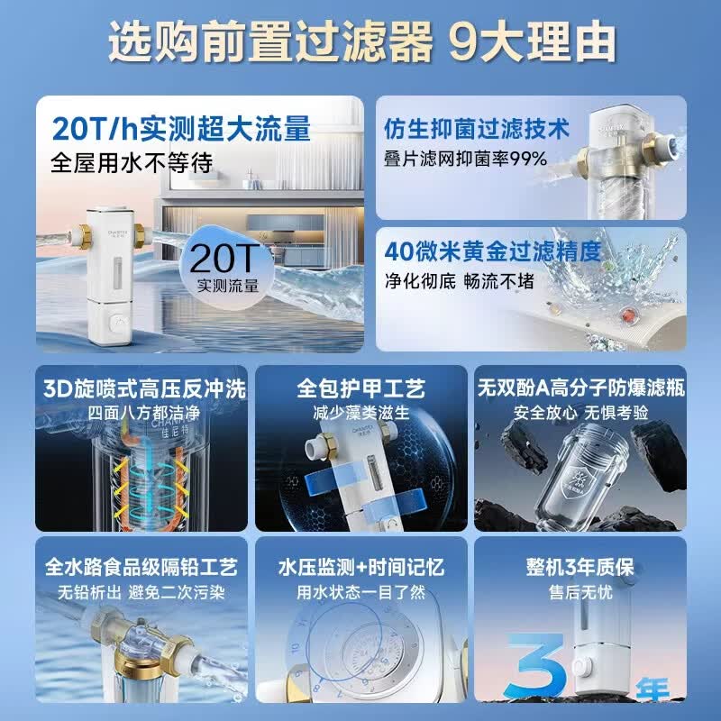 史密斯（A.O.SMITH）【2026重磅上新】佳尼特前置过滤器 家用前置净水过滤器自来水防冻防爆大白瓶 升级款CPF-T7PRO 20T/h超大流量  40微米黄金过滤精度 99.9%仿生叠片过滤