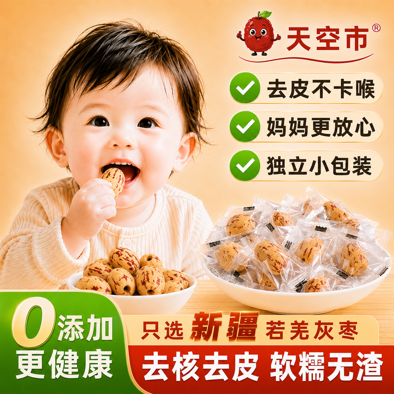 天空市去皮去核红枣0添加婴儿辅食独立包装新疆特产灰枣特级一级免洗2袋