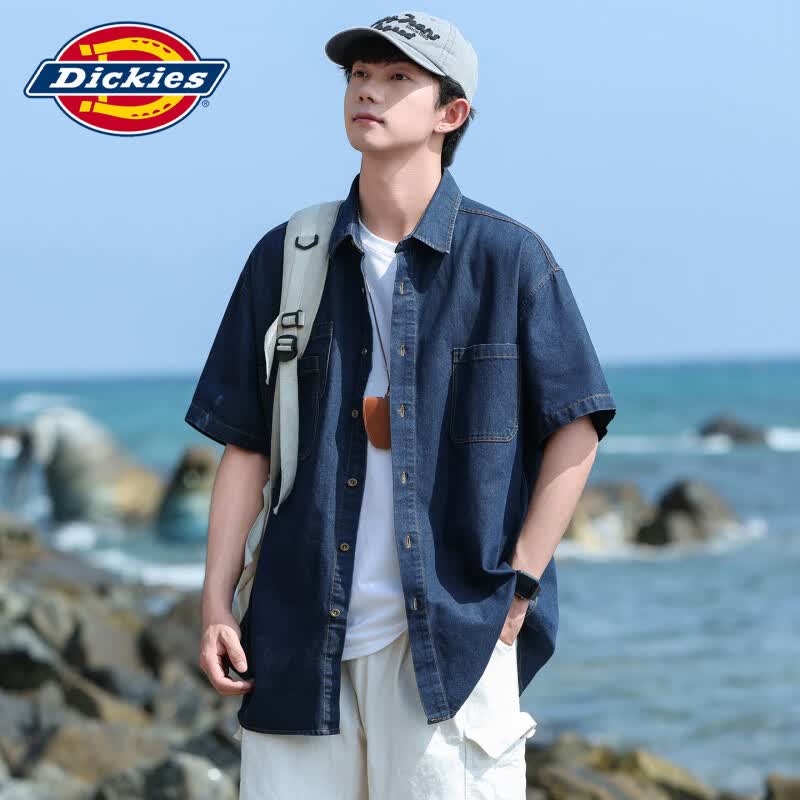 Dickies日系复古感牛仔短袖衬衫男士2026夏季痞帅多口袋宽松工装上衣服装 深蓝色 【官方正品】 XL 【建议130-150斤】