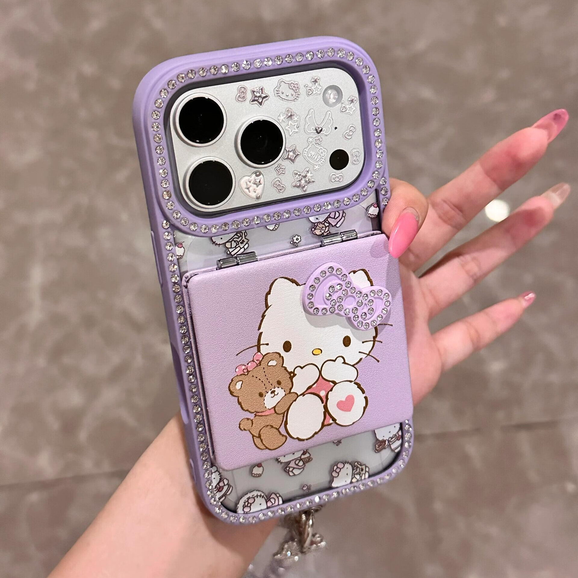 适用苹果17promax手机壳iphone15pro立体水钻蝴蝶结kitty镜子16pro可爱卡通16网红女款超好看外壳 透粉单壳+镜子+手链 iphone 17 Pro Max