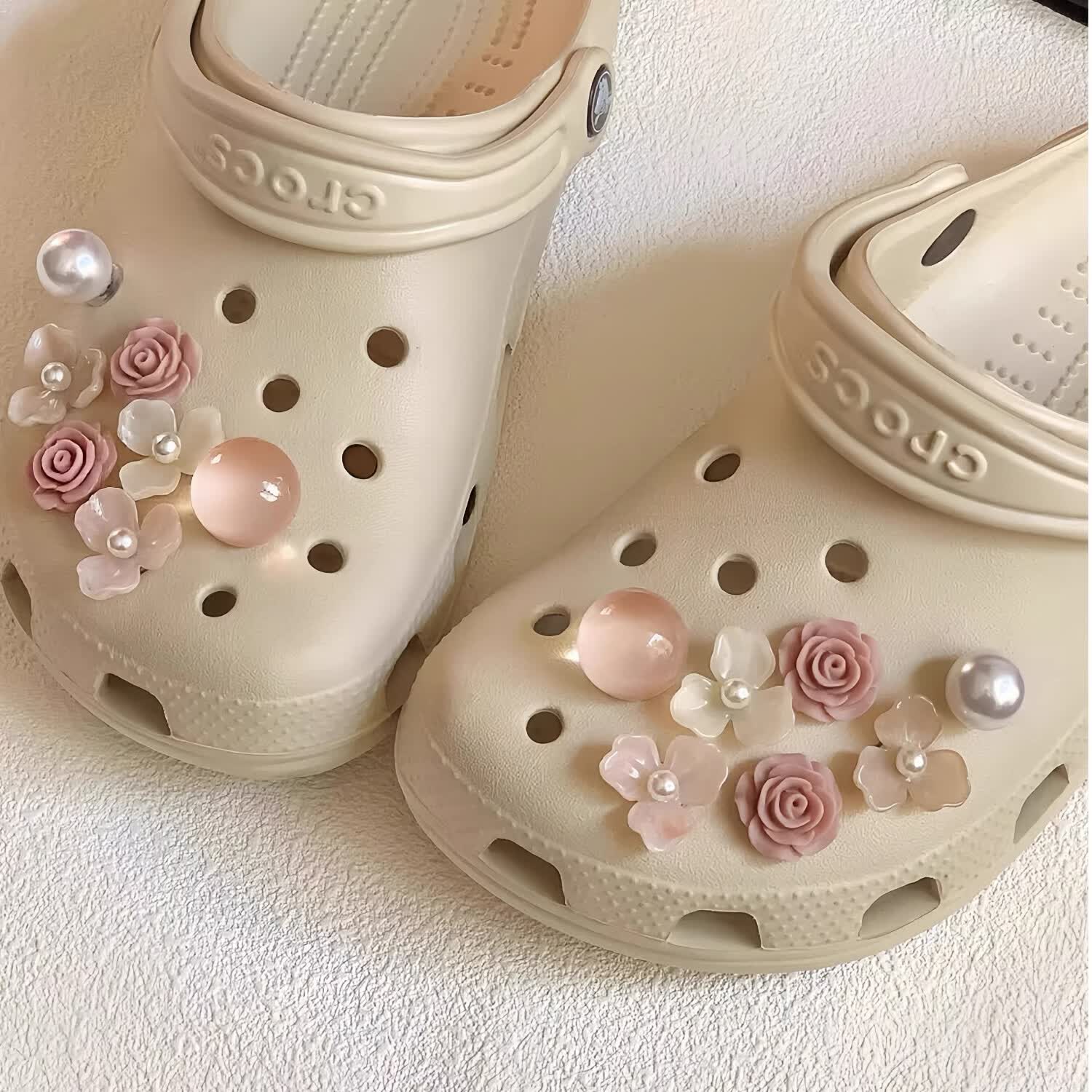 EOENKKY新款鞋花“午后蔷薇”洞洞鞋高级配饰适配crocsDIY粉色小众鞋扣 午后蔷薇/14件套(不含鞋子)