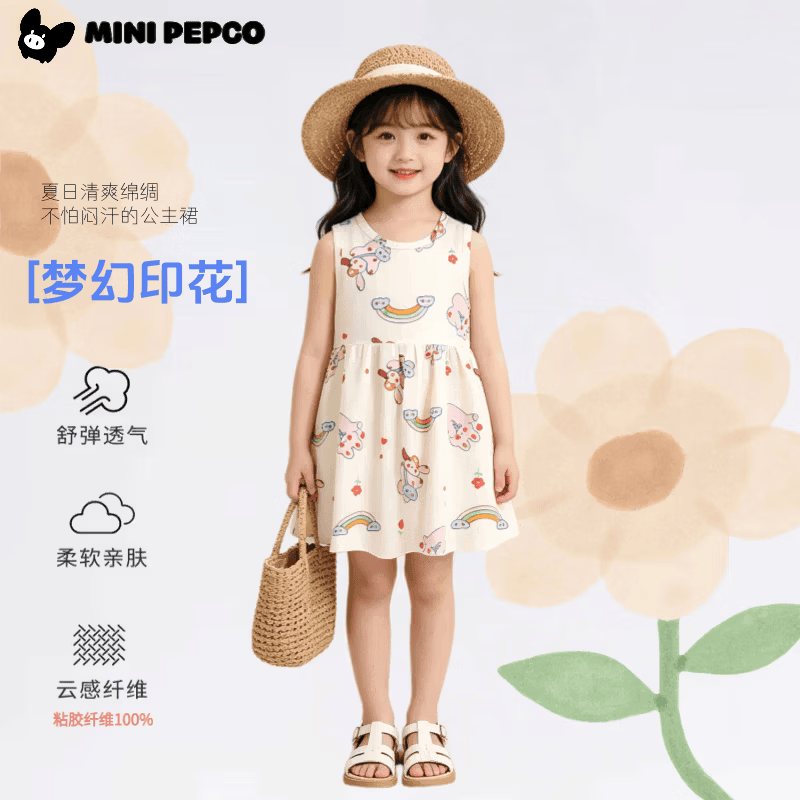 小猪班纳（PEPCO）女童绵绸连衣裙夏季碎花公主裙沙滩裙新款女孩背心裙 2502棉绸裙彩虹兔 140 cm 【偏小建议身高120-130cm】