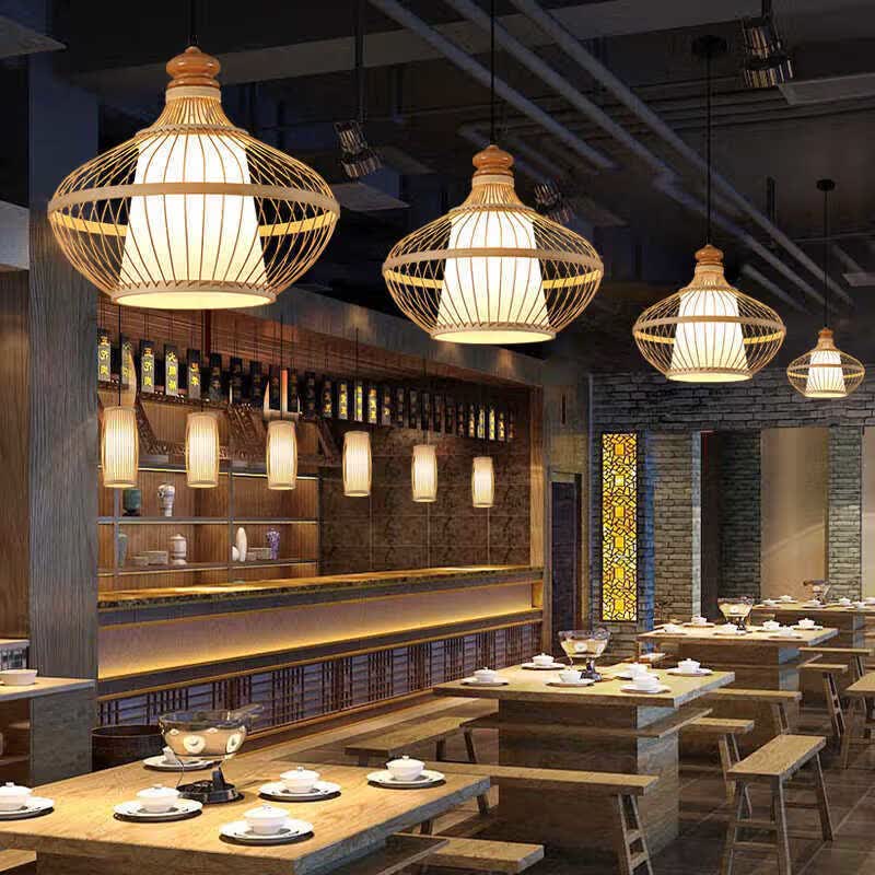 溥畔竹编吊灯中式餐厅饭店火锅店灯笼灯日式竹灯竹艺店铺禅意茶室吊灯 墨绿色宝塔50cm