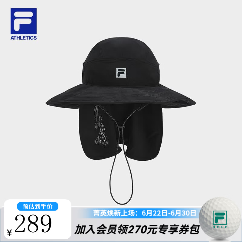 FILA圆帽| 斐乐官方男帽新款户外运动帽大帽檐防晒透气帽子遮阳帽 深黑-BK